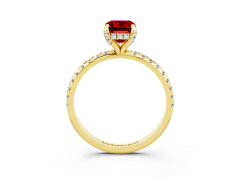 Yellow gold Emerald Cut Diamond Solitaire Ring with Four-Prong Setting and Pavé Band_3