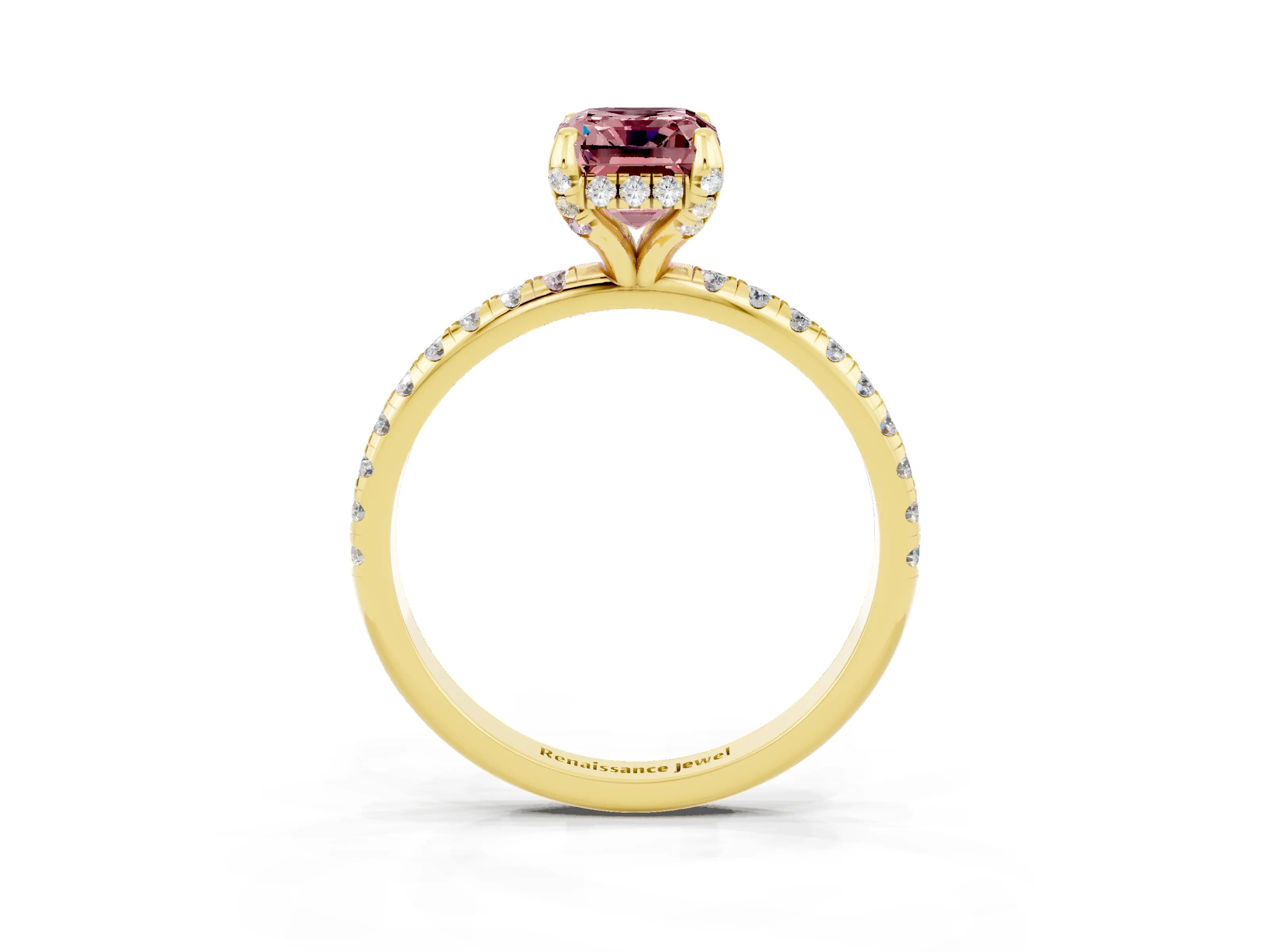 Yellow gold Emerald Cut Diamond Solitaire Ring with Four-Prong Setting and Pavé Band_3