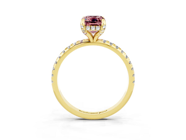 Yellow gold Emerald Cut Diamond Solitaire Ring with Four-Prong Setting and Pavé Band