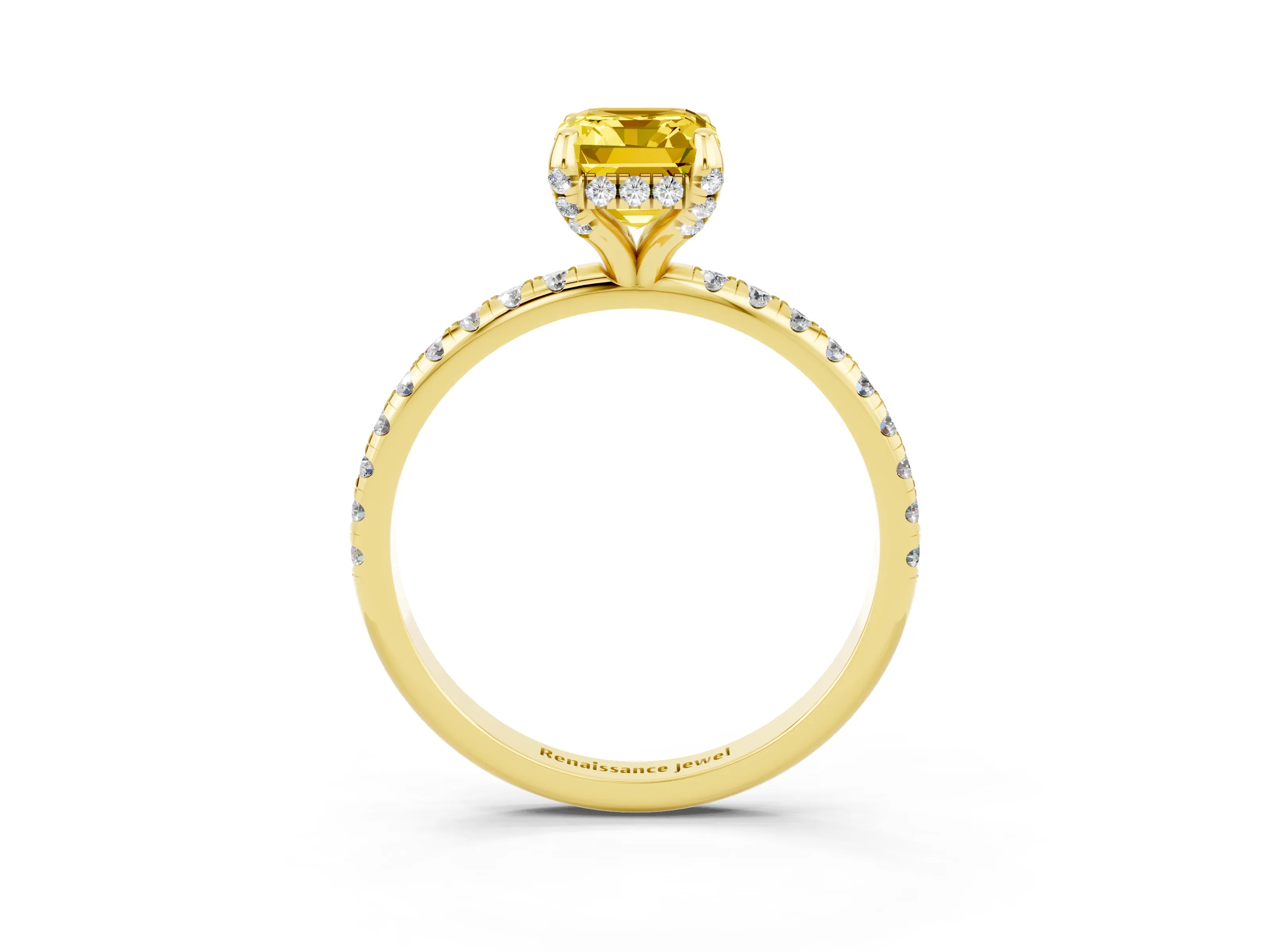 Yellow gold Emerald Cut Diamond Solitaire Ring with Four-Prong Setting and Pavé Band_3