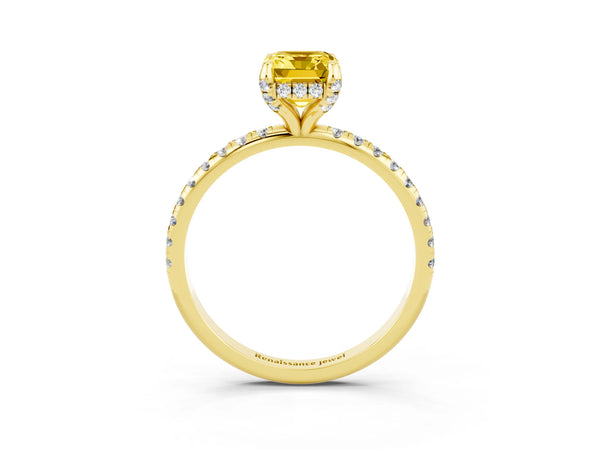 Yellow gold Emerald Cut Yellow Sapphire Hidden Halo Engagement Ring with Round Pavé Band and Prong Setting