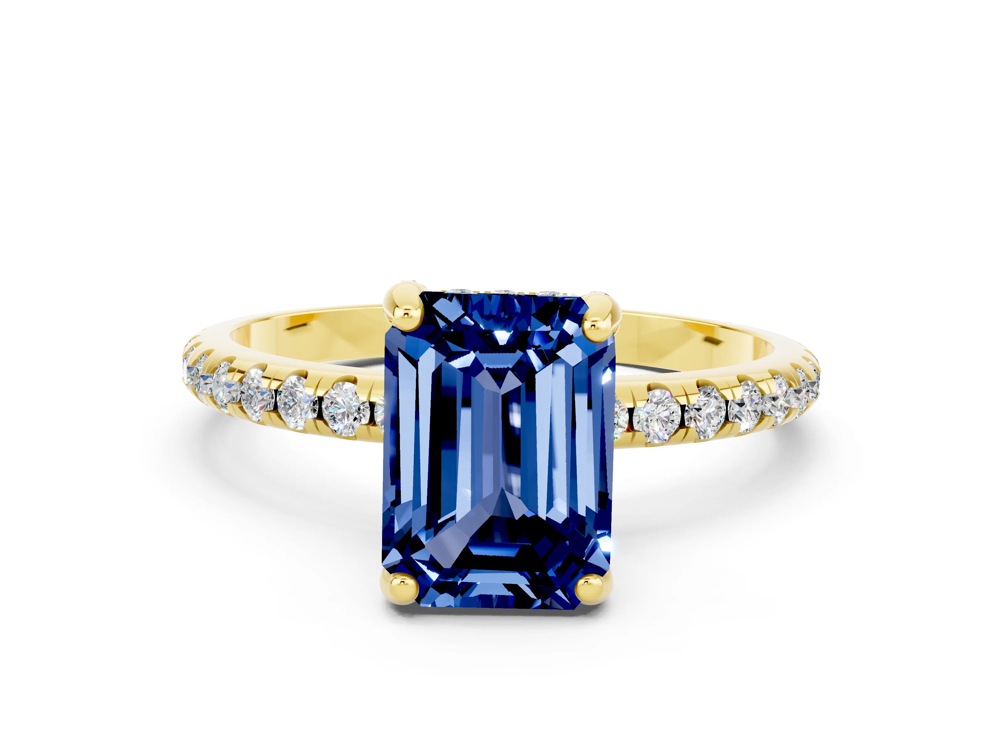 Yellow gold Emerald Cut Diamond Solitaire Ring with Four-Prong Setting and Pavé Band