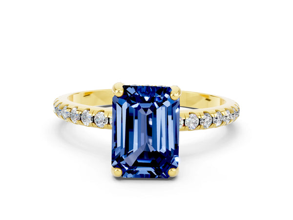Yellow gold Emerald Cut Blue Sapphire Hidden Halo Engagement Ring with Round Pavé Band and Prong Setting