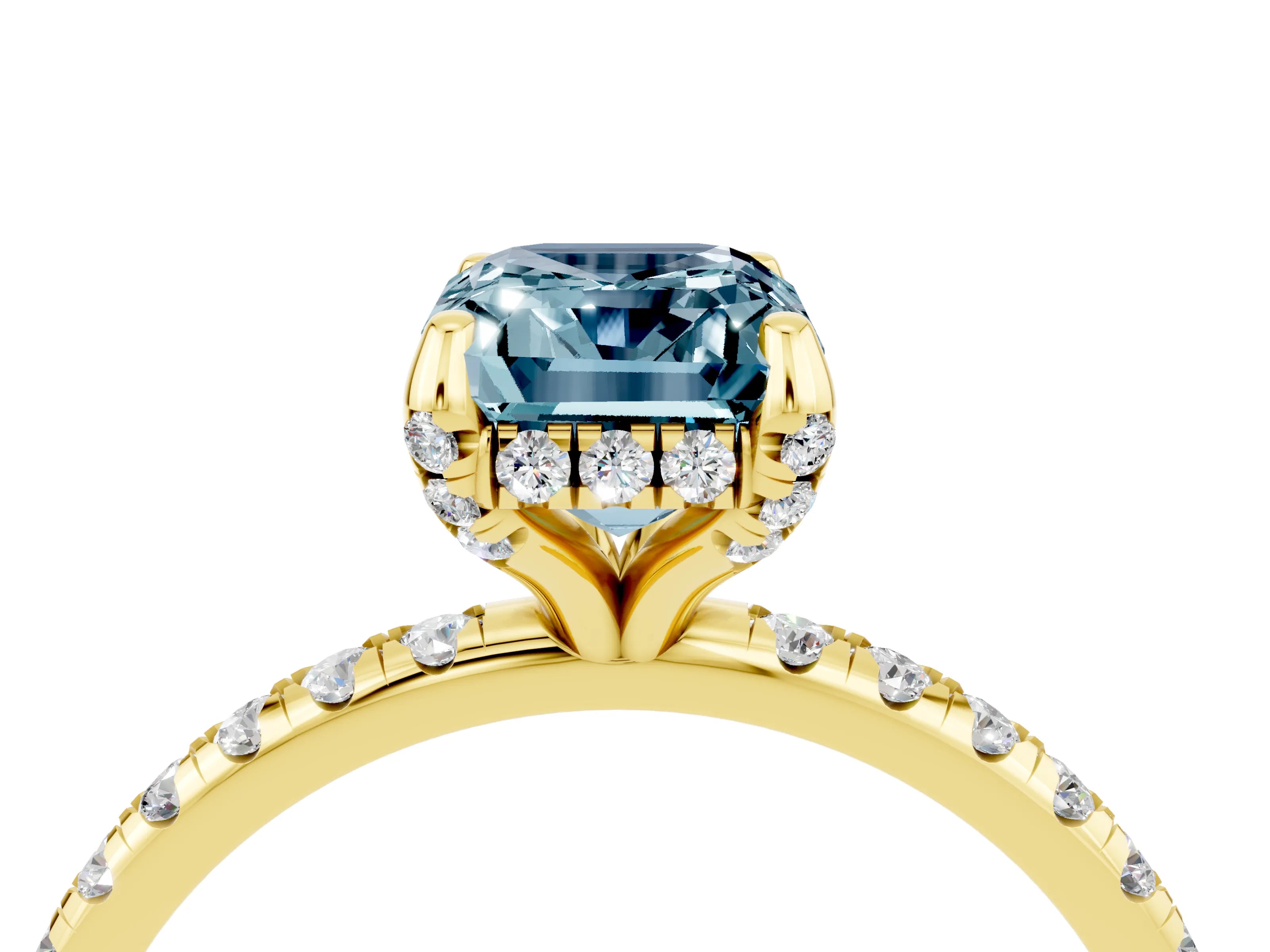 Yellow gold Emerald Cut Diamond Solitaire Ring with Four-Prong Setting and Pavé Band_4