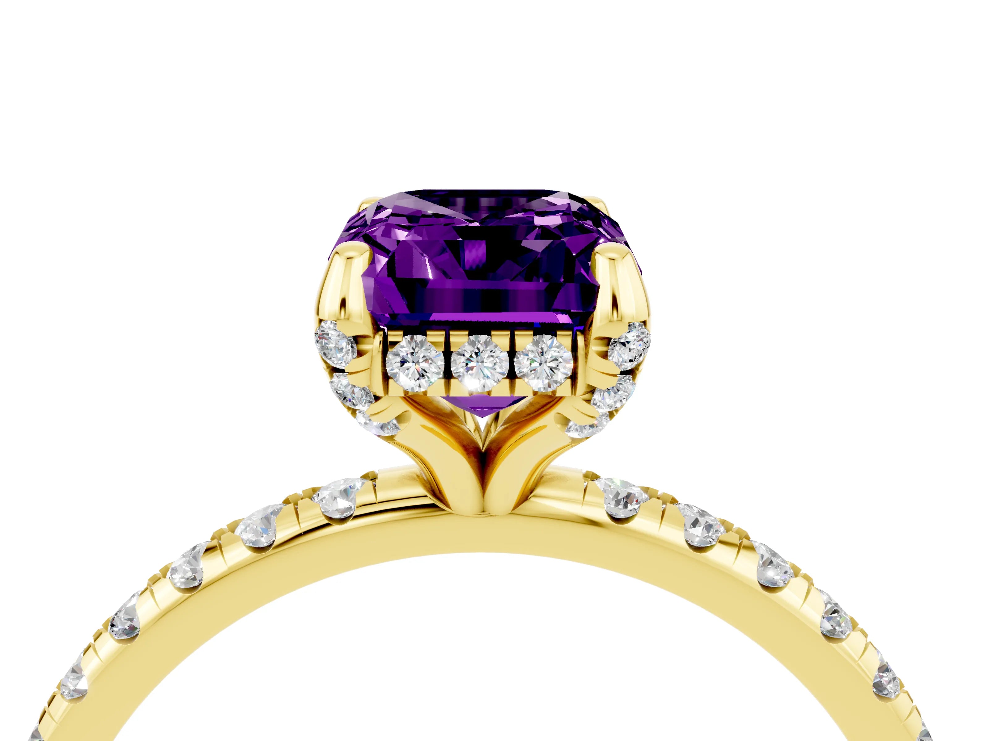 Yellow gold Emerald Cut Diamond Solitaire Ring with Four-Prong Setting and Pavé Band_4