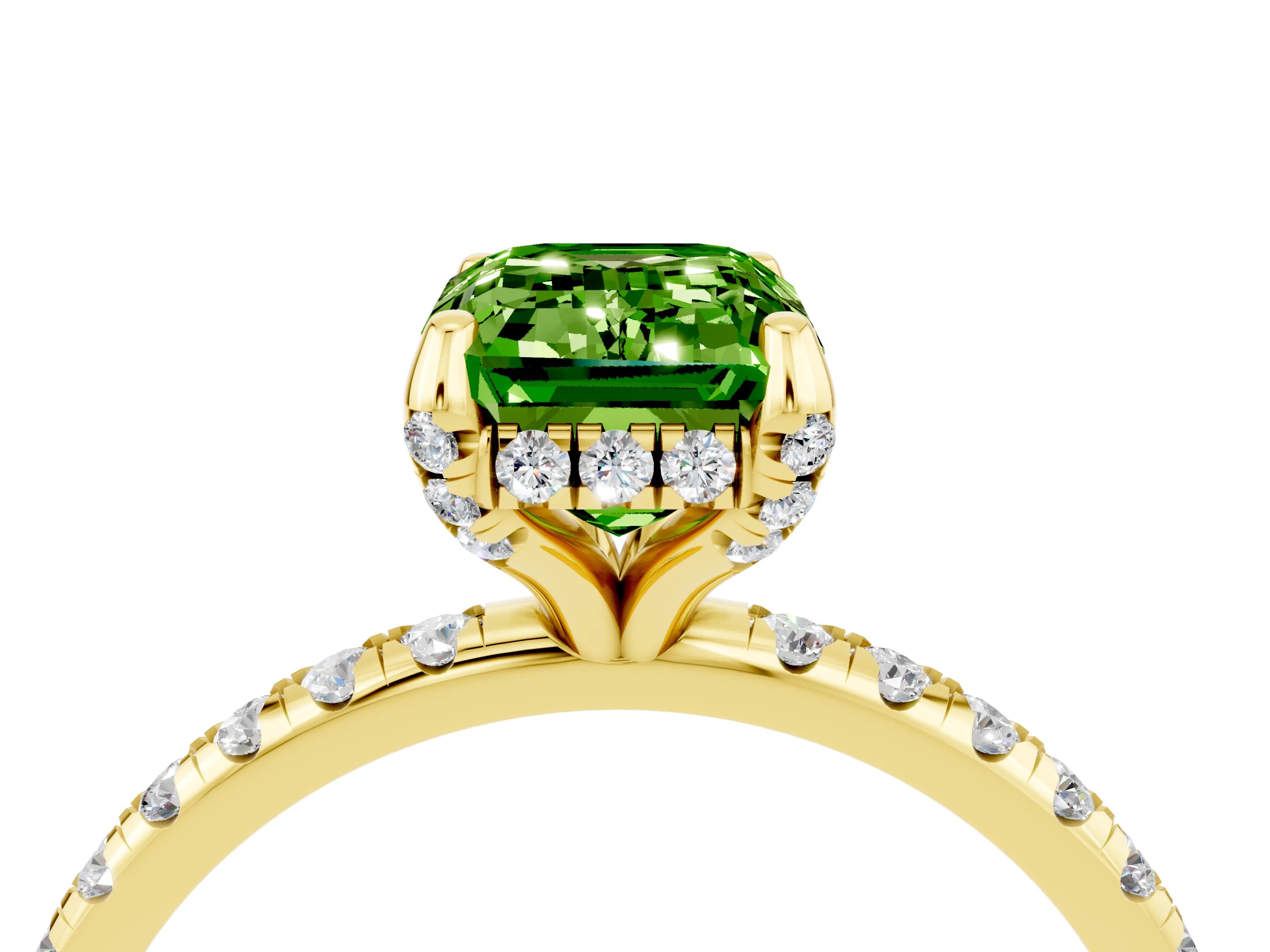 Yellow gold Emerald Cut Diamond Solitaire Ring with Four-Prong Setting and Pavé Band_4