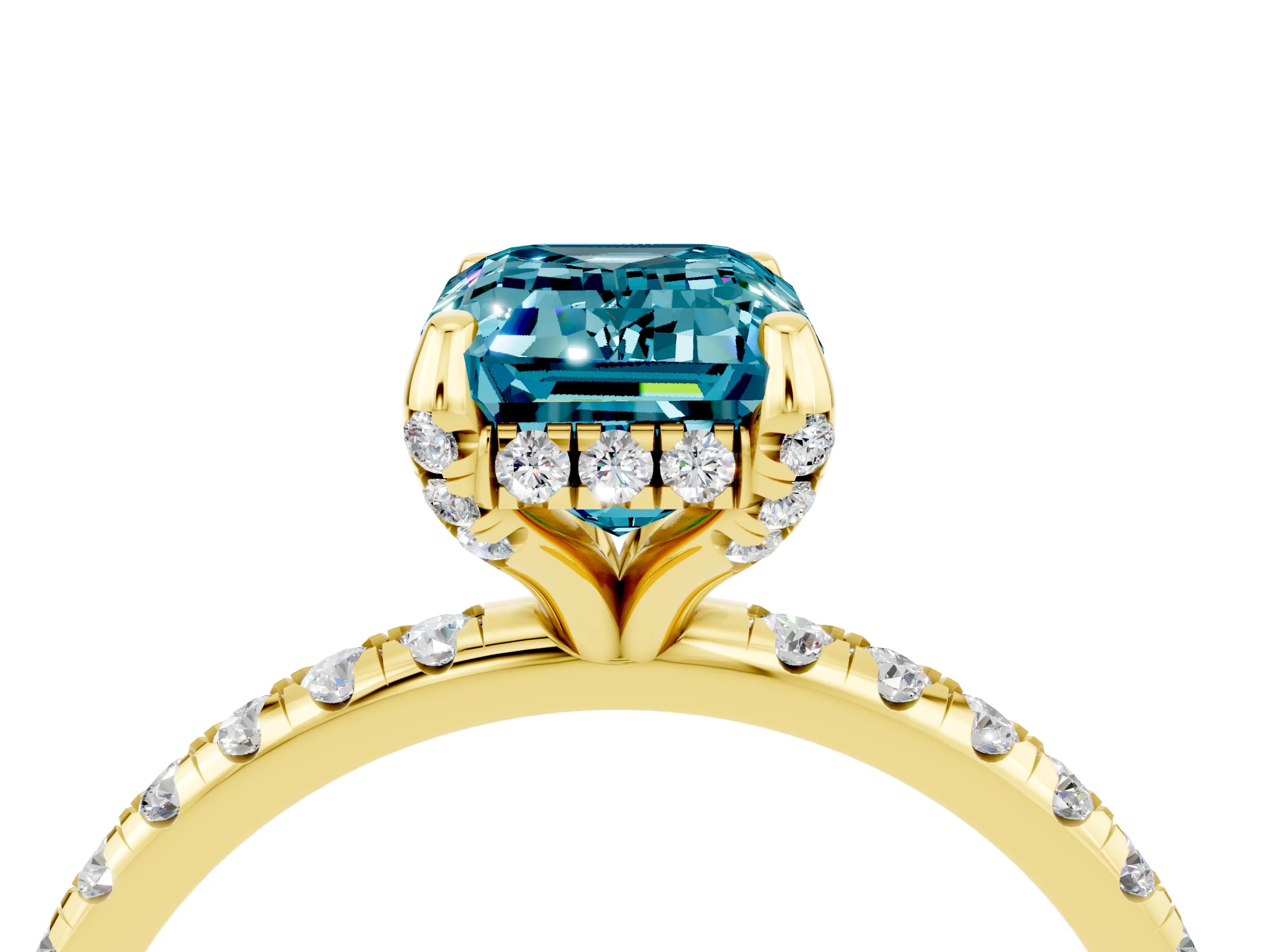 Yellow gold Emerald Cut Diamond Solitaire Ring with Four-Prong Setting and Pavé Band_4