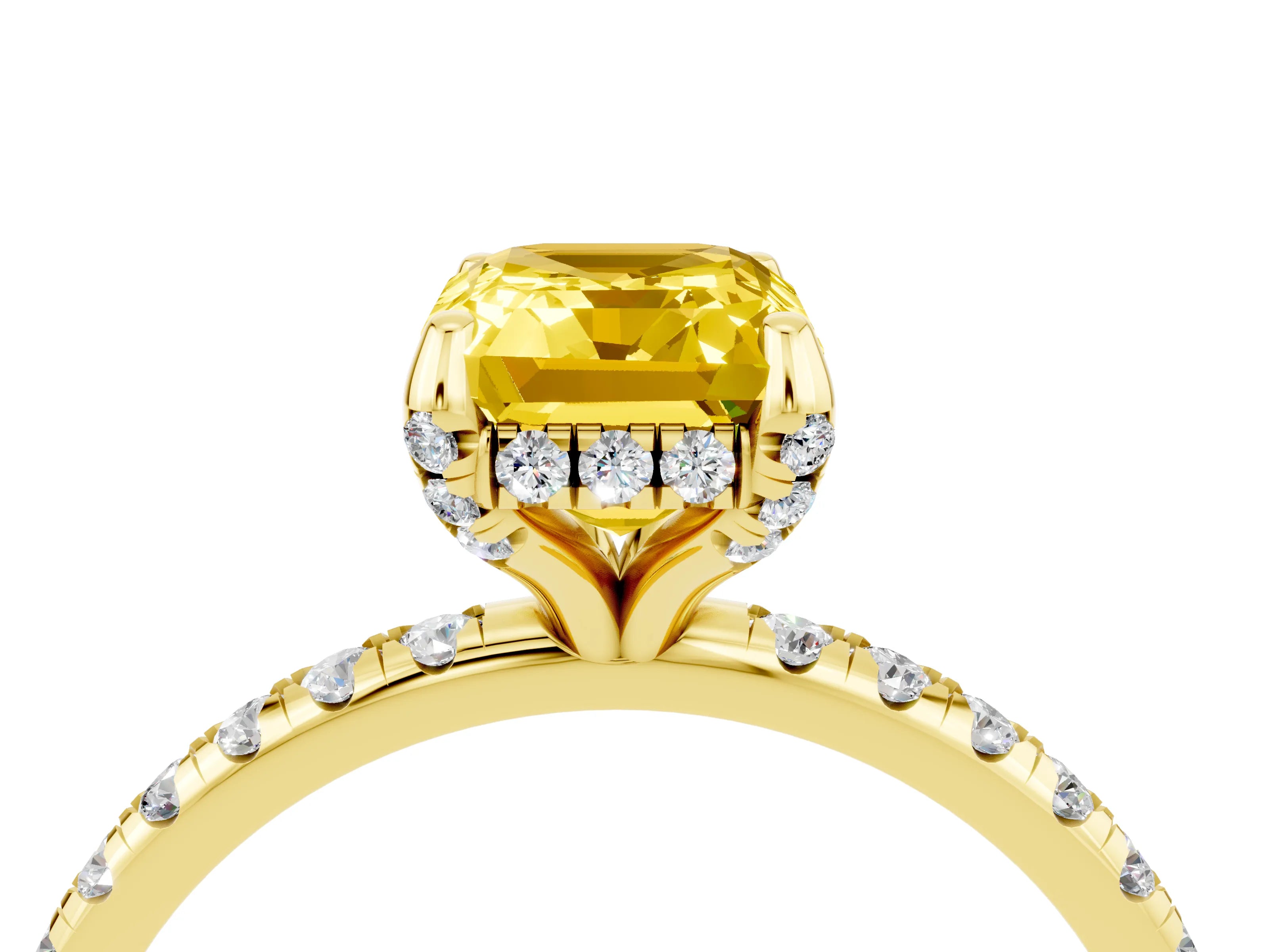 Yellow gold Emerald Cut Diamond Solitaire Ring with Four-Prong Setting and Pavé Band_4