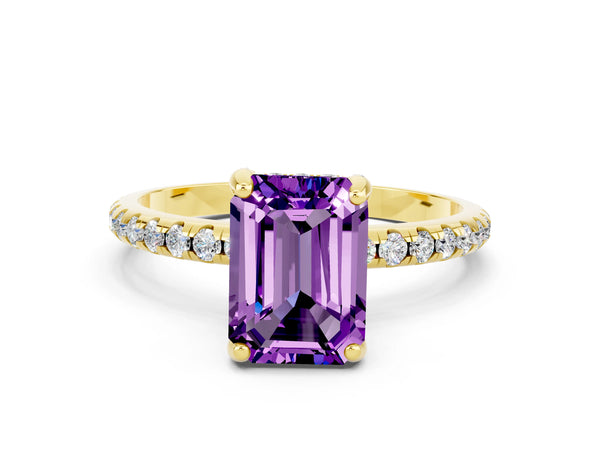Yellow gold Emerald Cut Amethyst Hidden Halo Engagement Ring with Round Pavé Band and Prong Setting