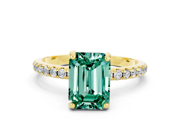 Yellow gold Emerald Cut Green Sapphire Hidden Halo Engagement Ring with Round Pavé Band and Prong Setting
