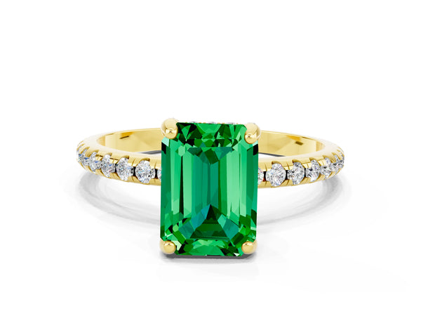 Yellow gold Emerald Cut Emerald Hidden Halo Engagement Ring with Round Pavé Band and Prong Setting