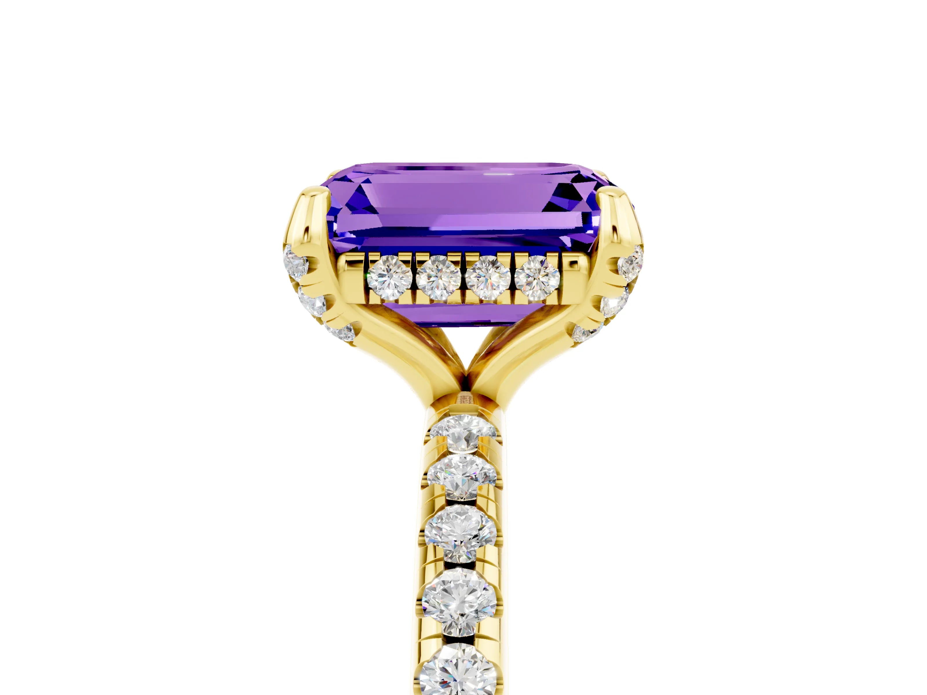 Yellow gold Emerald Cut Diamond Solitaire Ring with Four-Prong Setting and Pavé Band_5
