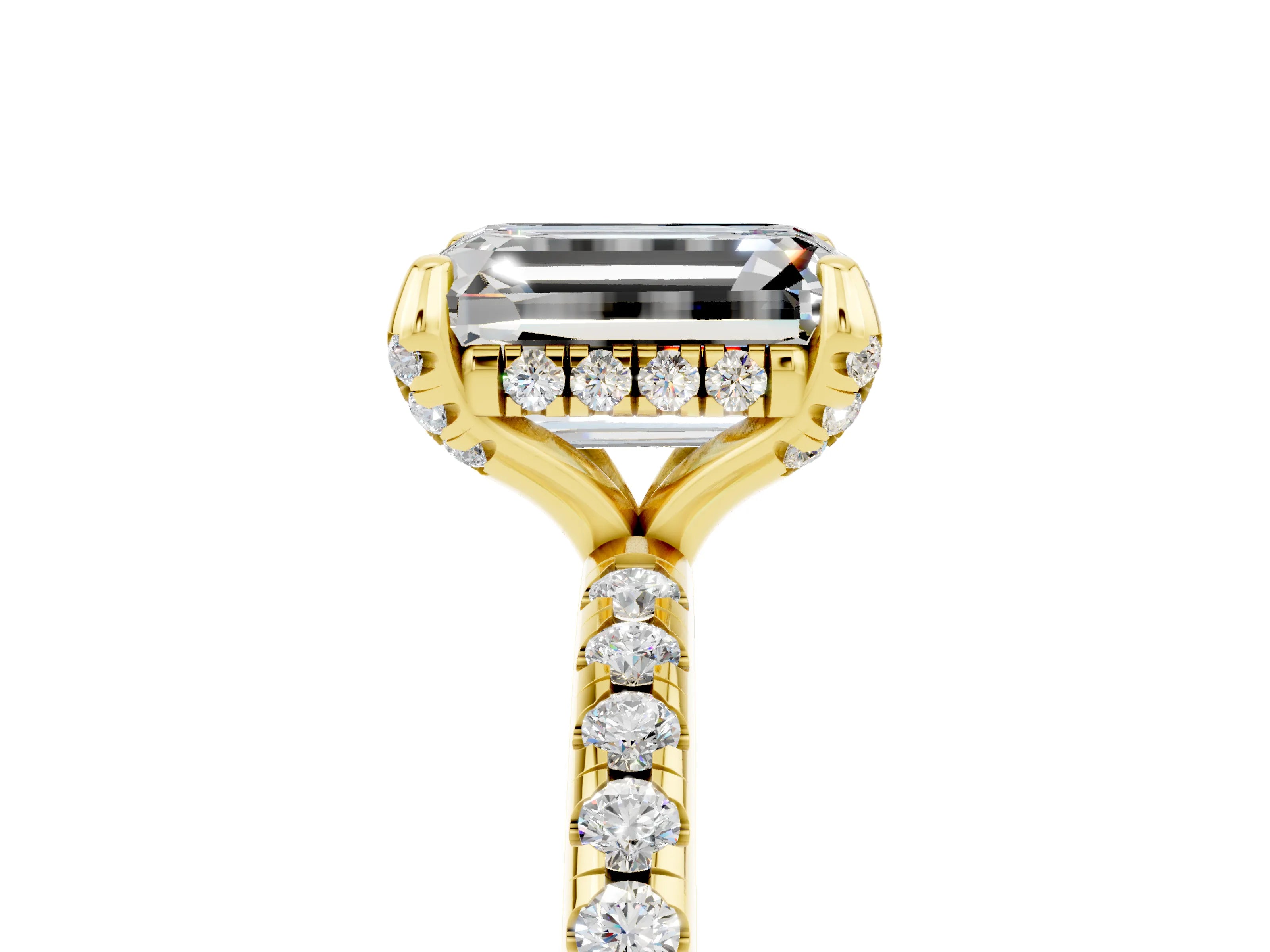 Yellow gold Emerald Cut Diamond Solitaire Ring with Four-Prong Setting and Pavé Band_5