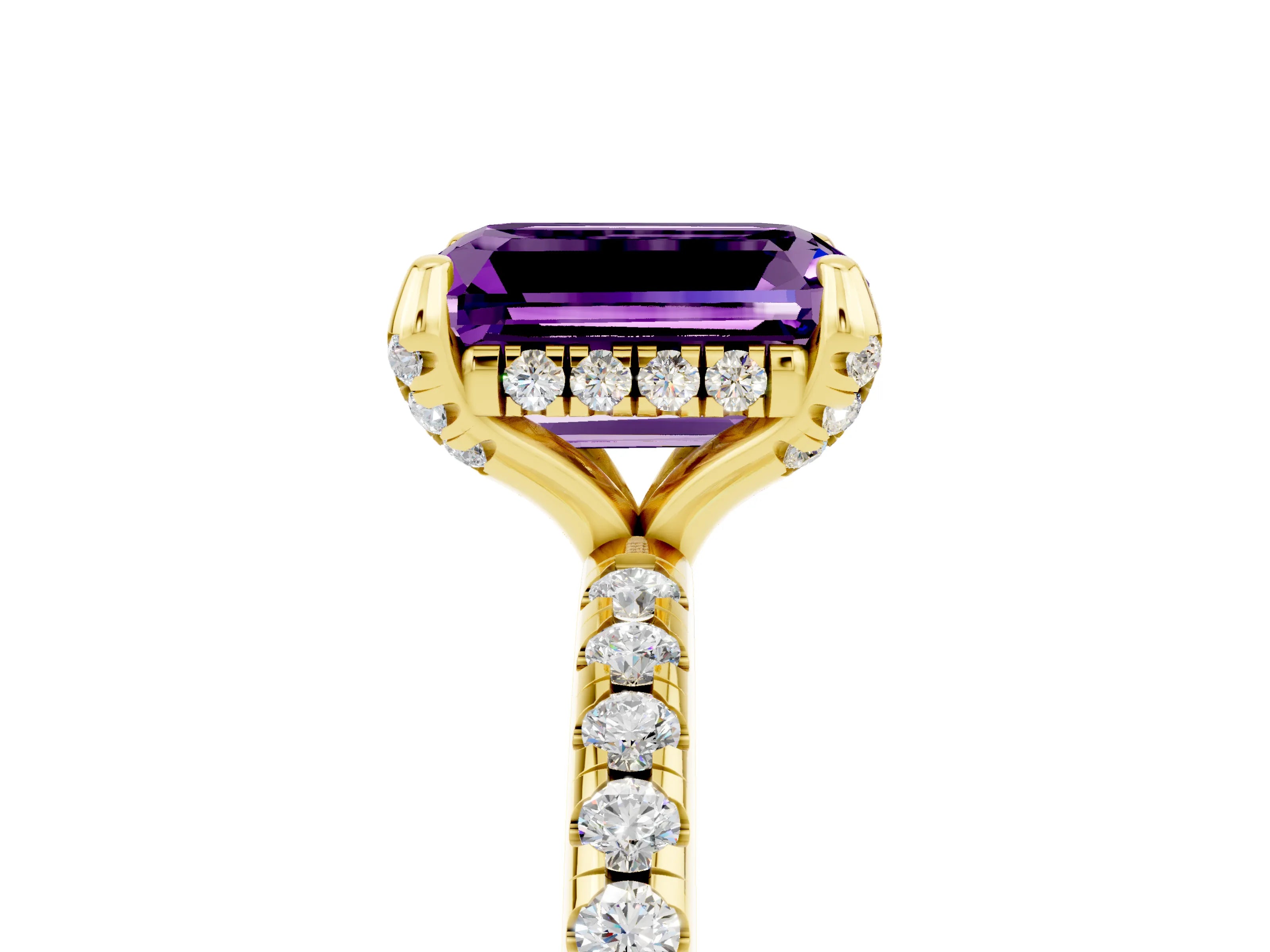 Yellow gold Emerald Cut Diamond Solitaire Ring with Four-Prong Setting and Pavé Band_5