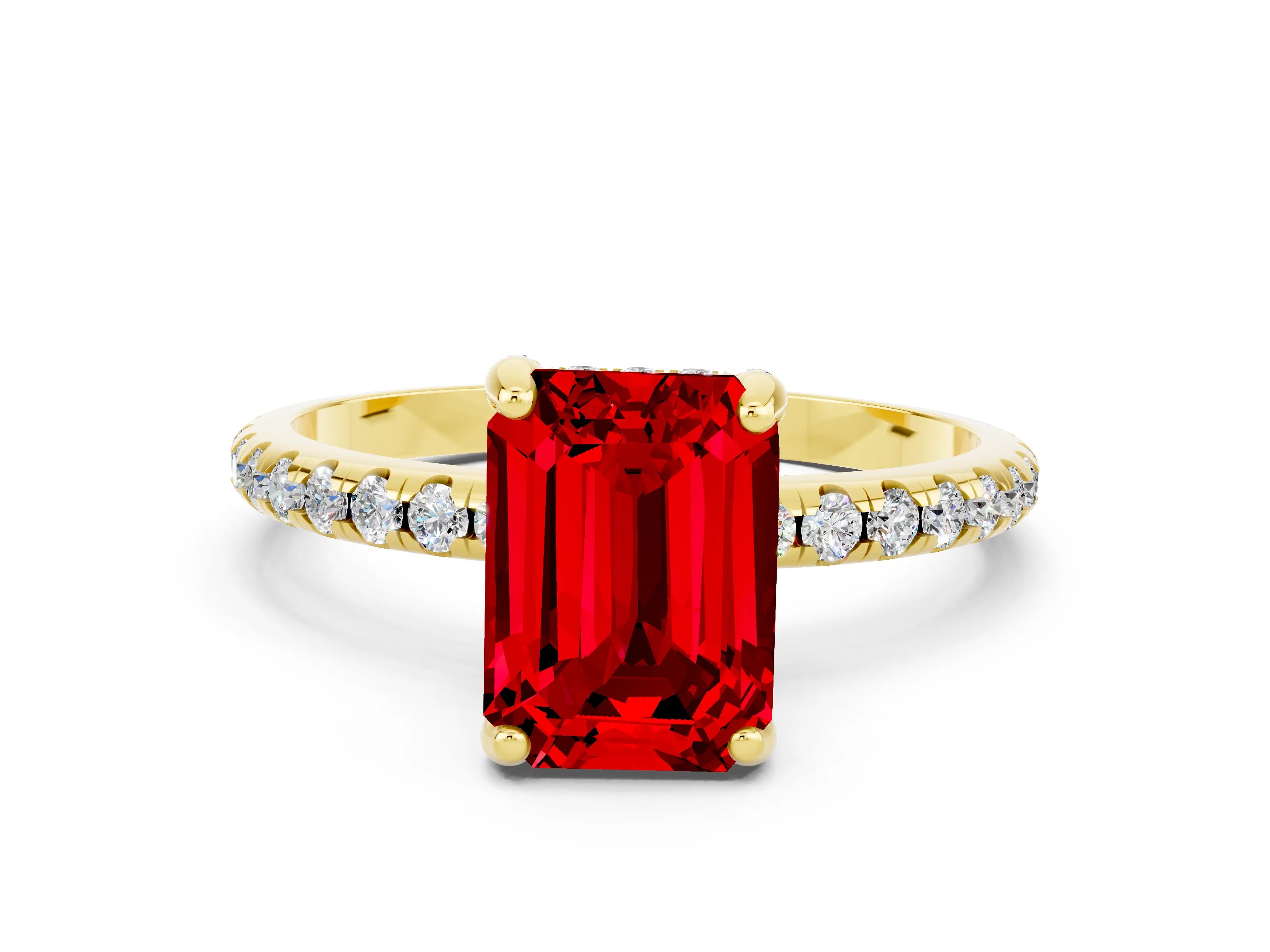 Yellow gold Emerald Cut Diamond Solitaire Ring with Four-Prong Setting and Pavé Band