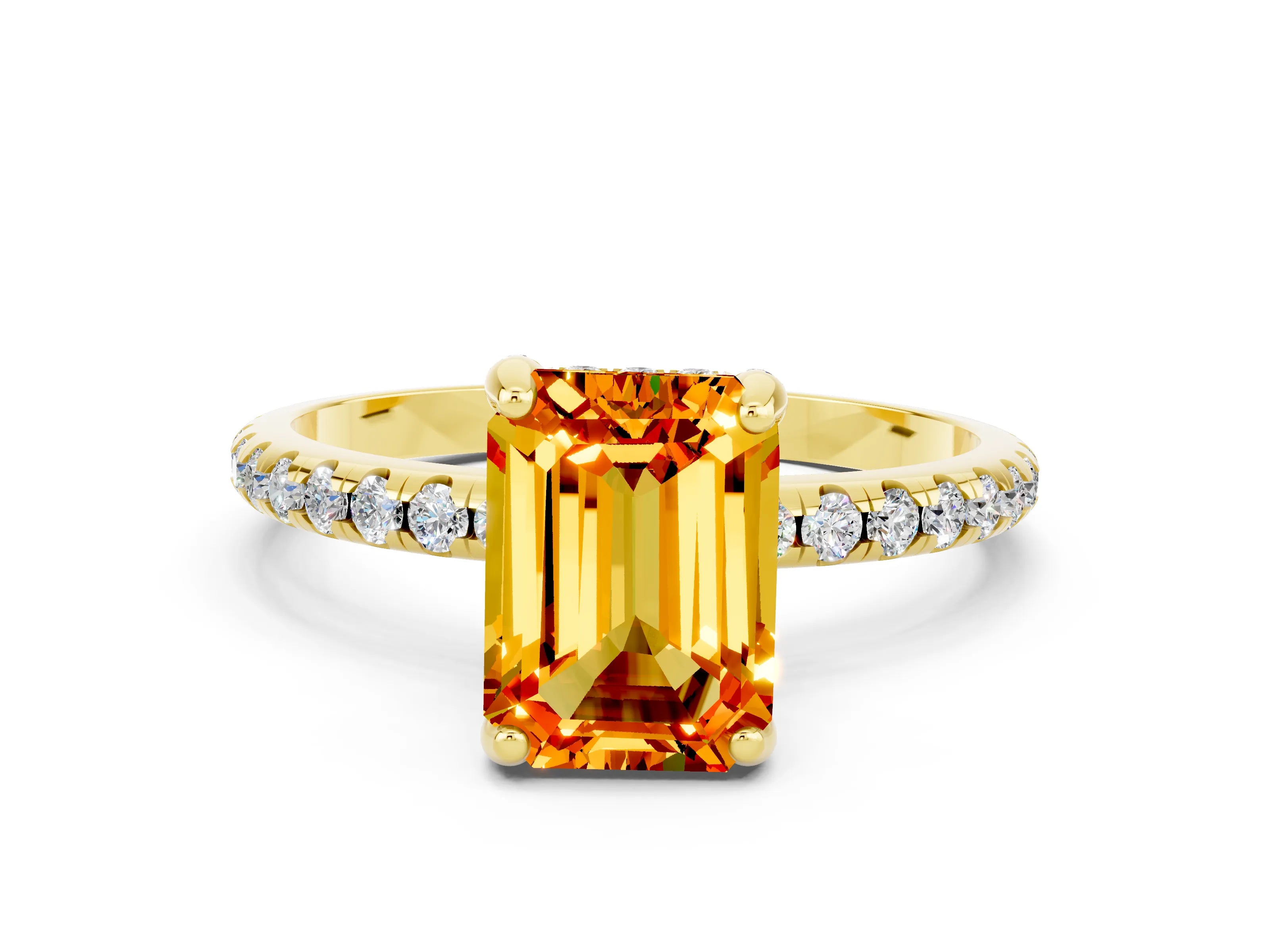 Yellow gold Emerald Cut Diamond Solitaire Ring with Four-Prong Setting and Pavé Band