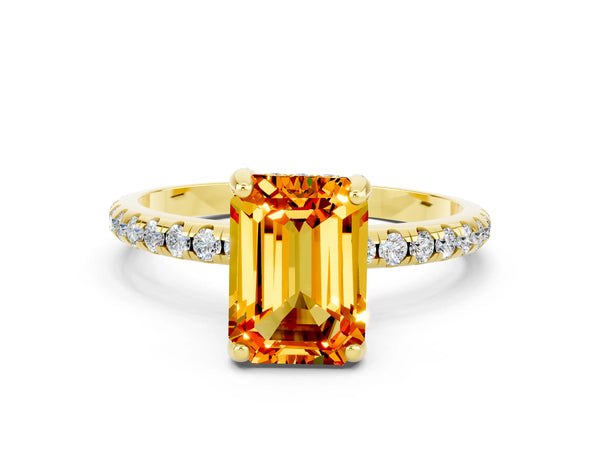 Yellow gold Emerald Cut Citrine Hidden Halo Engagement Ring with Round Pavé Band and Prong Setting
