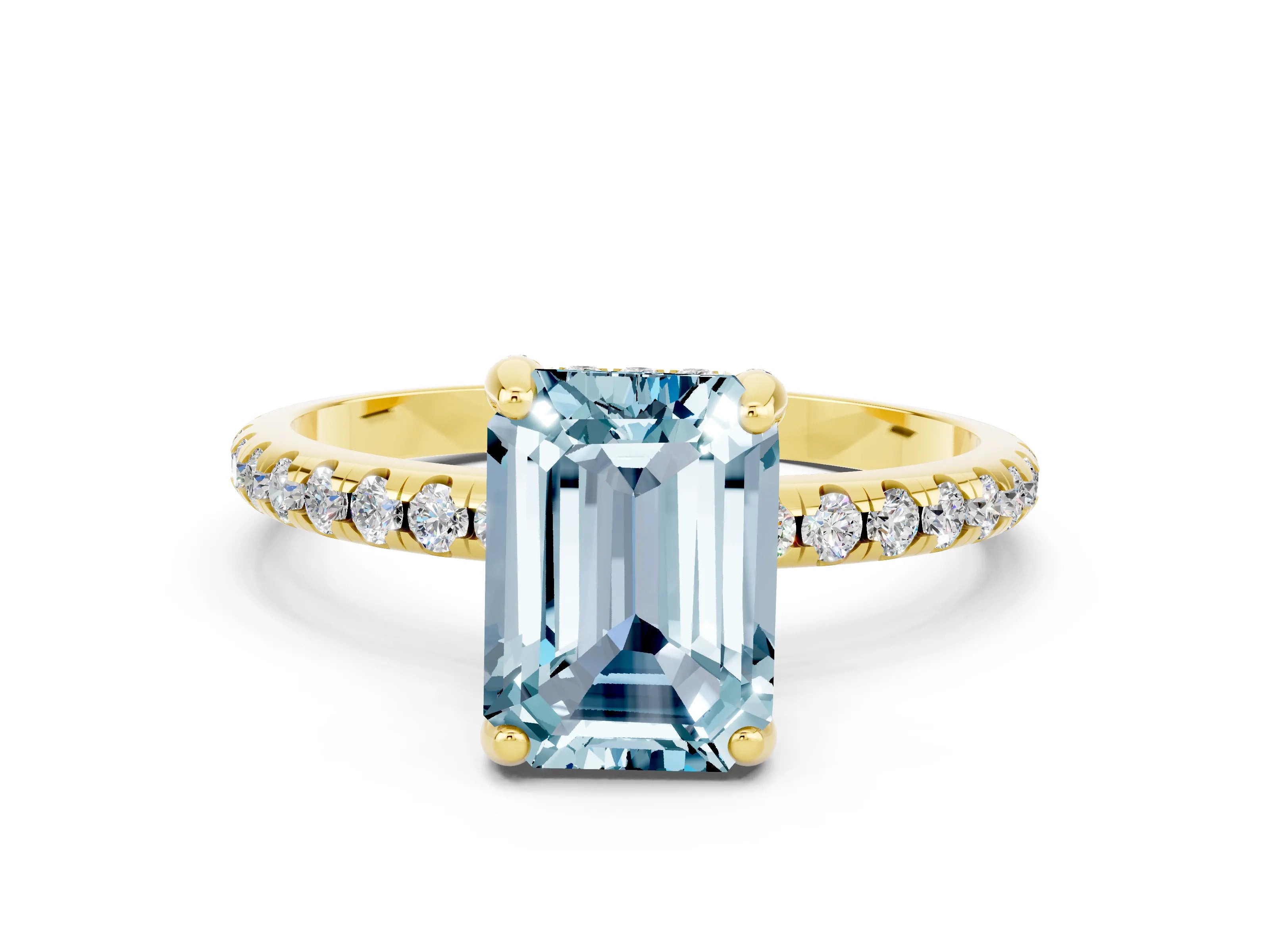 Yellow gold Emerald Cut Diamond Solitaire Ring with Four-Prong Setting and Pavé Band