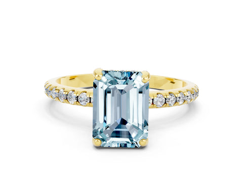 Yellow gold Emerald Cut Diamond Solitaire Ring with Four-Prong Setting and Pavé Band