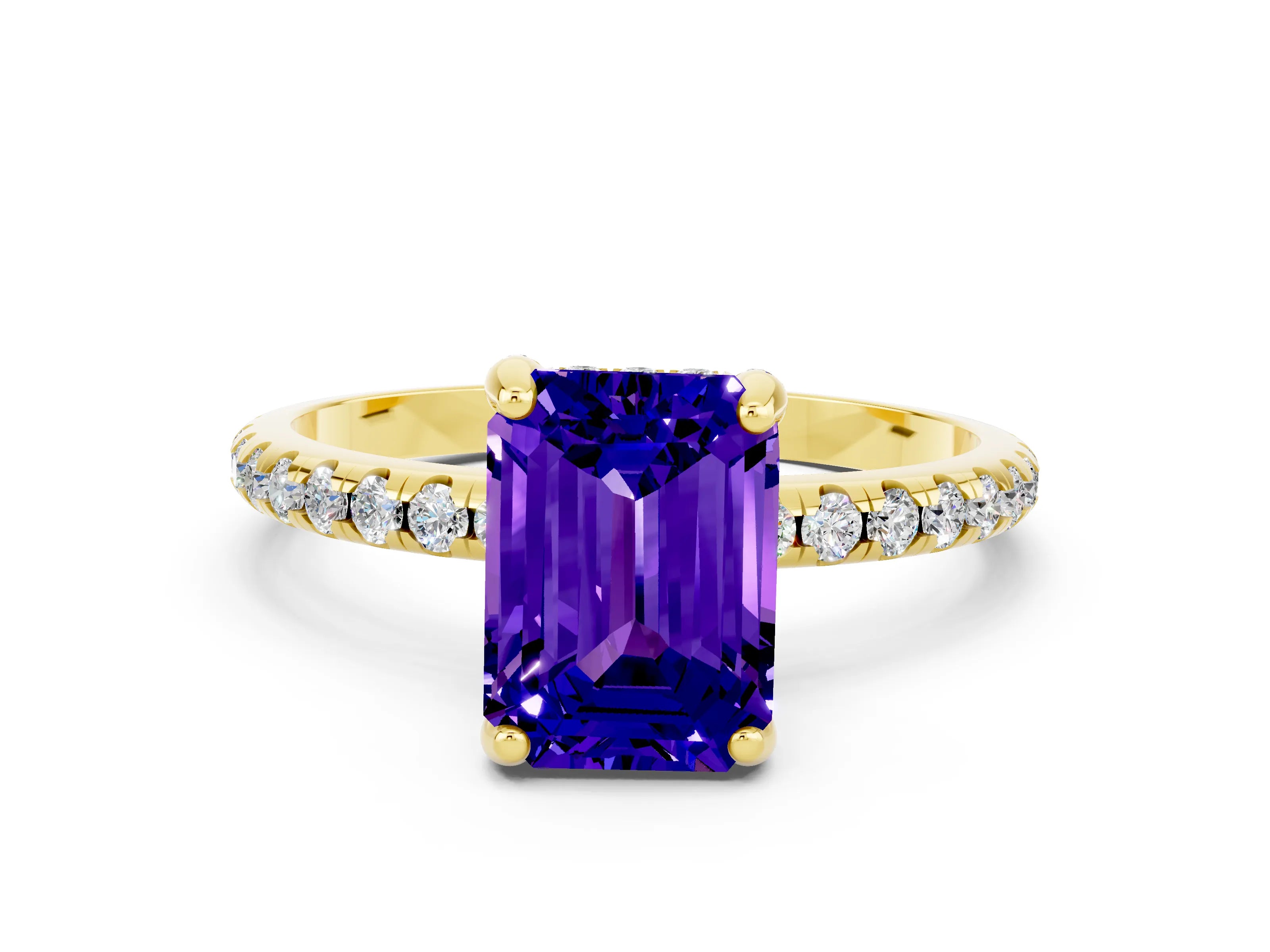 Yellow gold Emerald Cut Diamond Solitaire Ring with Four-Prong Setting and Pavé Band
