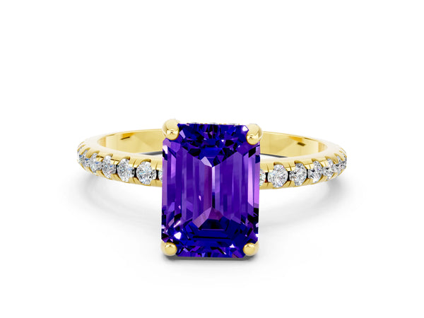 Yellow gold Emerald Cut Tanzanite Hidden Halo Engagement Ring with Round Pavé Band and Prong Setting