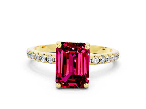 Yellow gold Emerald Cut Garnet Hidden Halo Engagement Ring with Round Pavé Band and Prong Setting