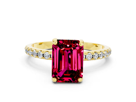 Yellow gold Emerald Cut Diamond Solitaire Ring with Four-Prong Setting and Pavé Band