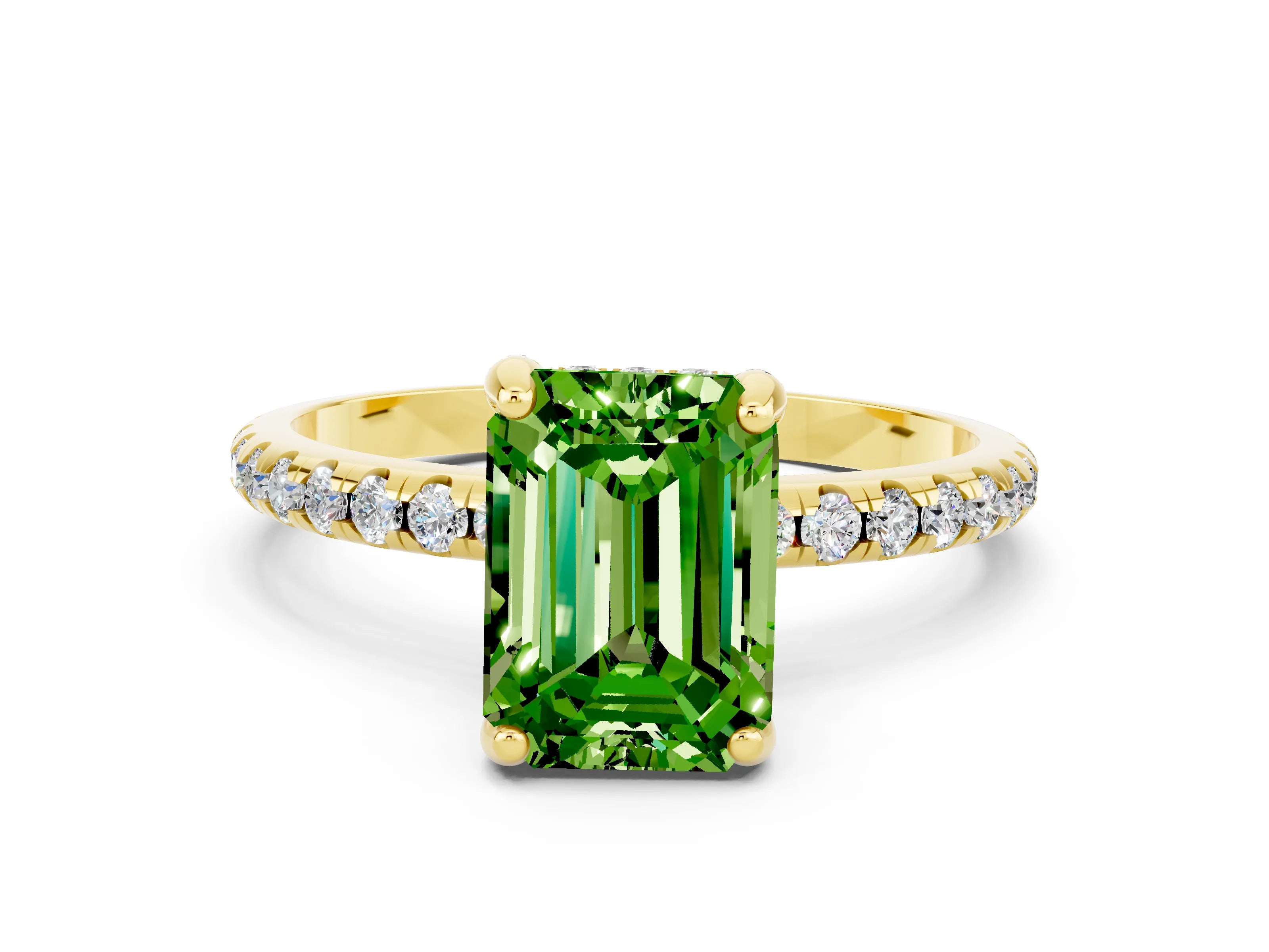 Yellow gold Emerald Cut Diamond Solitaire Ring with Four-Prong Setting and Pavé Band