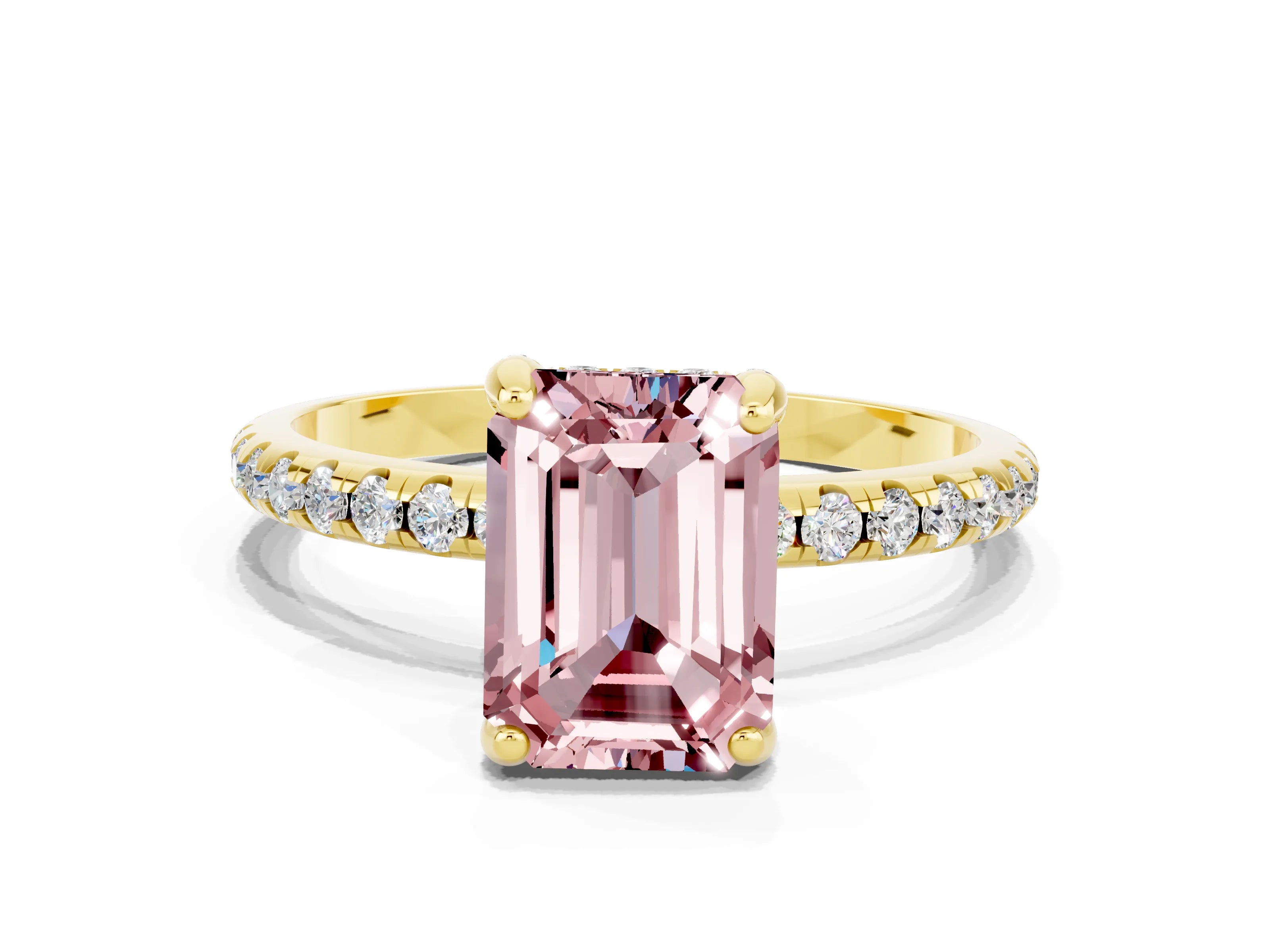 Yellow gold Emerald Cut Diamond Solitaire Ring with Four-Prong Setting and Pavé Band
