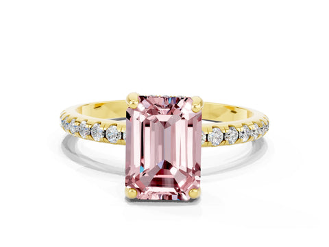 Yellow gold Emerald Cut Diamond Solitaire Ring with Four-Prong Setting and Pavé Band