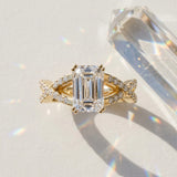 Yellow gold Emerald Cut Diamond Solitaire Ring with Four-Prong Setting and Twisted Pavé Band_16