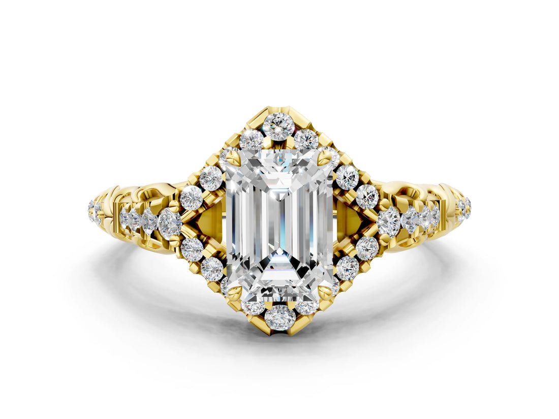 Yellow gold Emerald Cut Diamond Solitaire Ring with Hidden Halo and Pavé Band_27