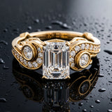 Yellow gold Emerald Cut Diamond Solitaire Ring with Milgrain Pavé Band and Four-Prong Setting_15