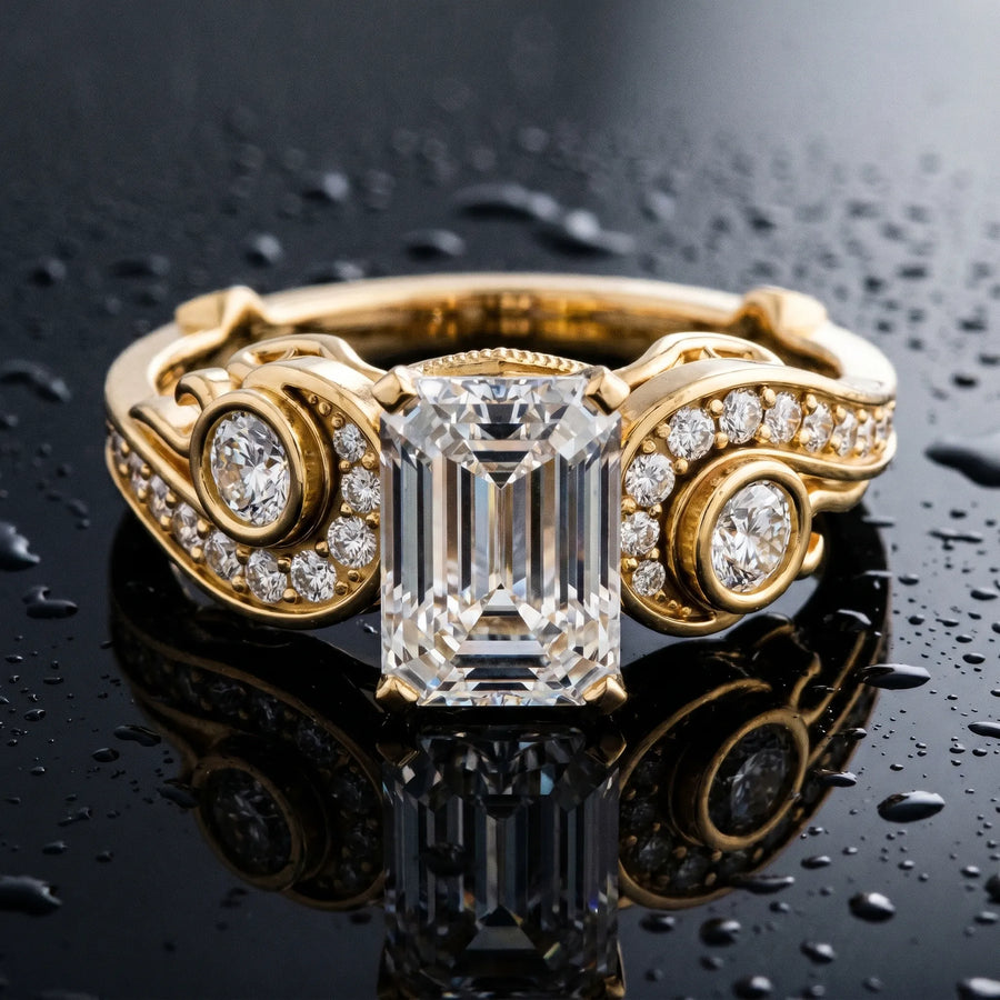 Yellow gold Emerald Cut Diamond Solitaire Ring with Milgrain Pavé Band and Four-Prong Setting