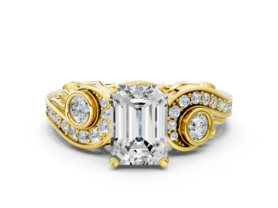 Yellow gold Emerald Cut Diamond Solitaire Ring with Milgrain Pavé Band and Four-Prong Setting