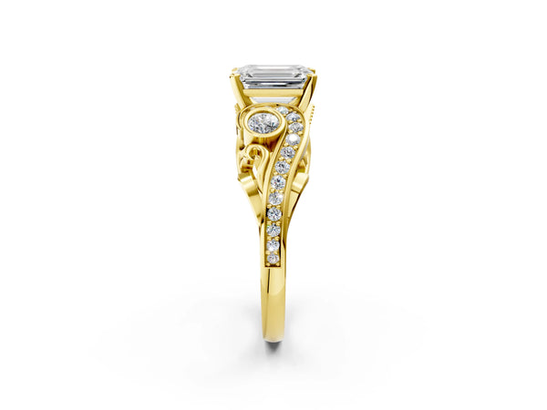 Yellow gold Emerald Cut Diamond Solitaire Ring with Milgrain Pavé Band and Four-Prong Setting