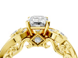 Yellow gold Emerald Cut Diamond Solitaire Ring with Milgrain Pavé Band and Four-Prong Setting_196