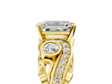 Yellow gold Emerald Cut Diamond Solitaire Ring with Milgrain Pavé Band and Four-Prong Setting_197
