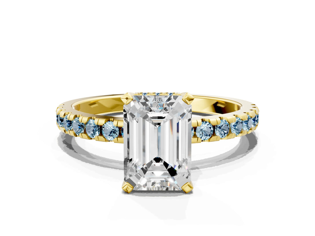 Yellow gold Emerald Cut Diamond Solitaire Ring with Pavé Band and Four-Prong Setting