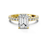 Yellow gold Emerald Cut Diamond Solitaire Ring with Pavé Band and Four-Prong Setting