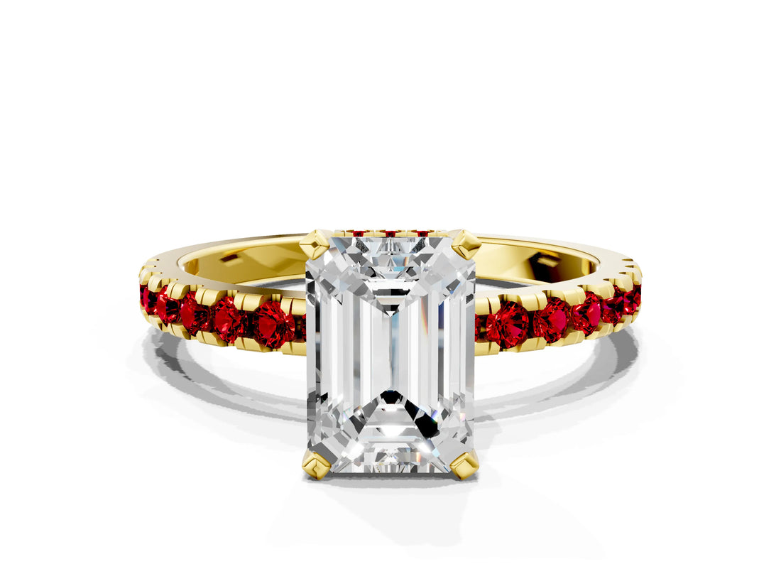 Yellow gold Emerald Cut Diamond Solitaire Ring with Pavé Band and Four-Prong Setting