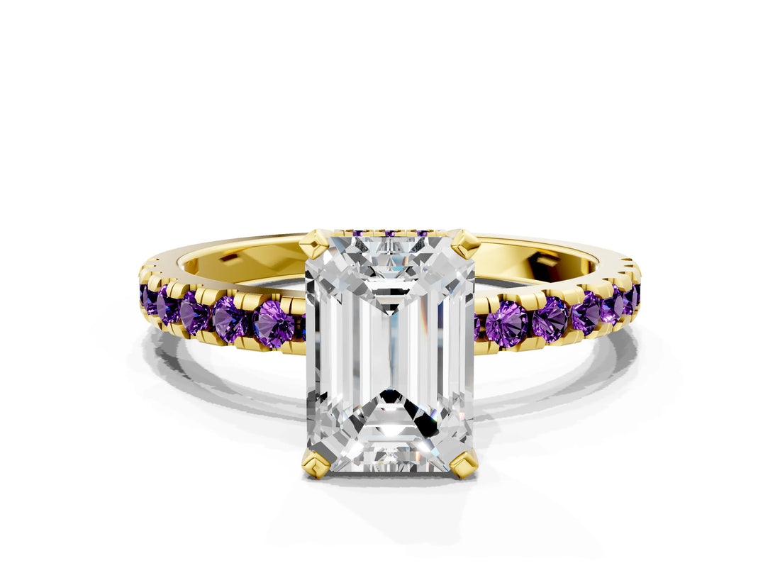 Yellow gold Emerald Cut Diamond Solitaire Ring with Pavé Band and Four-Prong Setting