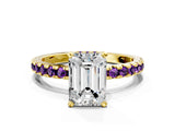 Yellow gold Emerald Cut Diamond Solitaire Ring with Pavé Band and Four-Prong Setting