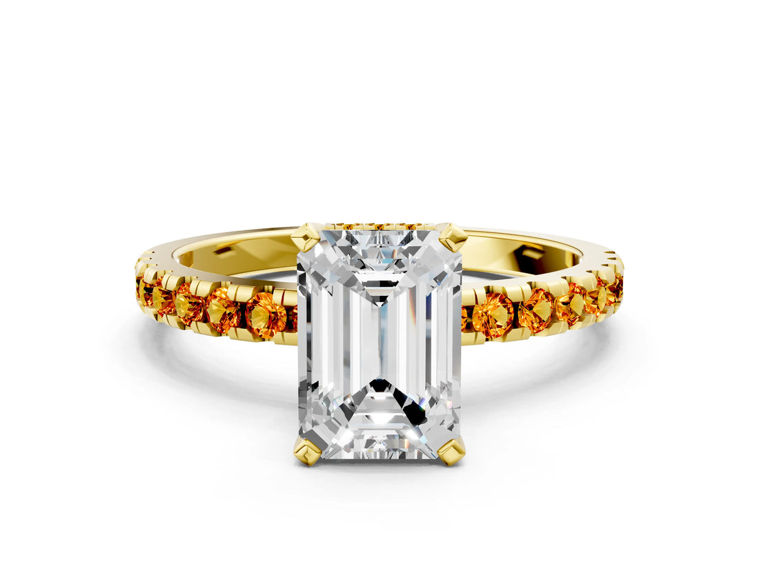 Yellow gold Emerald Cut Diamond Solitaire Ring with Pavé Band and Four-Prong Setting