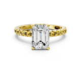 Yellow gold Emerald Cut Diamond Solitaire Ring with Pavé Band and Four-Prong Setting