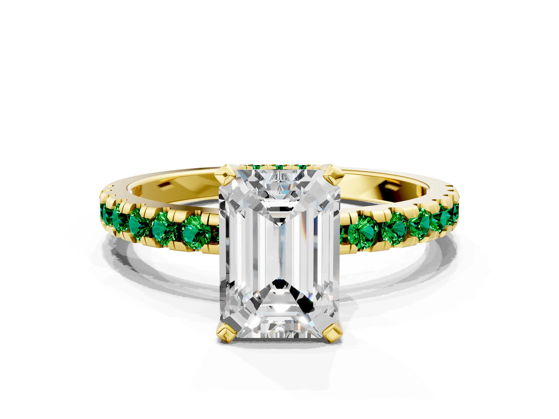 Yellow gold Emerald Cut Diamond Solitaire Ring with Pavé Band and Four-Prong Setting