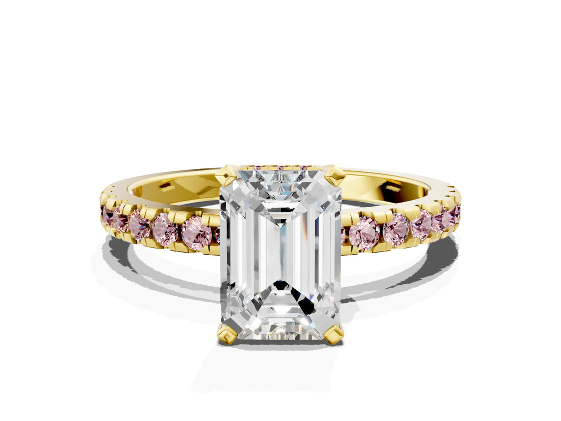 Yellow gold Emerald Cut Diamond Solitaire Ring with Pavé Band and Four-Prong Setting