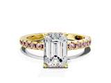 Yellow gold Emerald Cut Diamond Solitaire Ring with Pavé Band and Four-Prong Setting