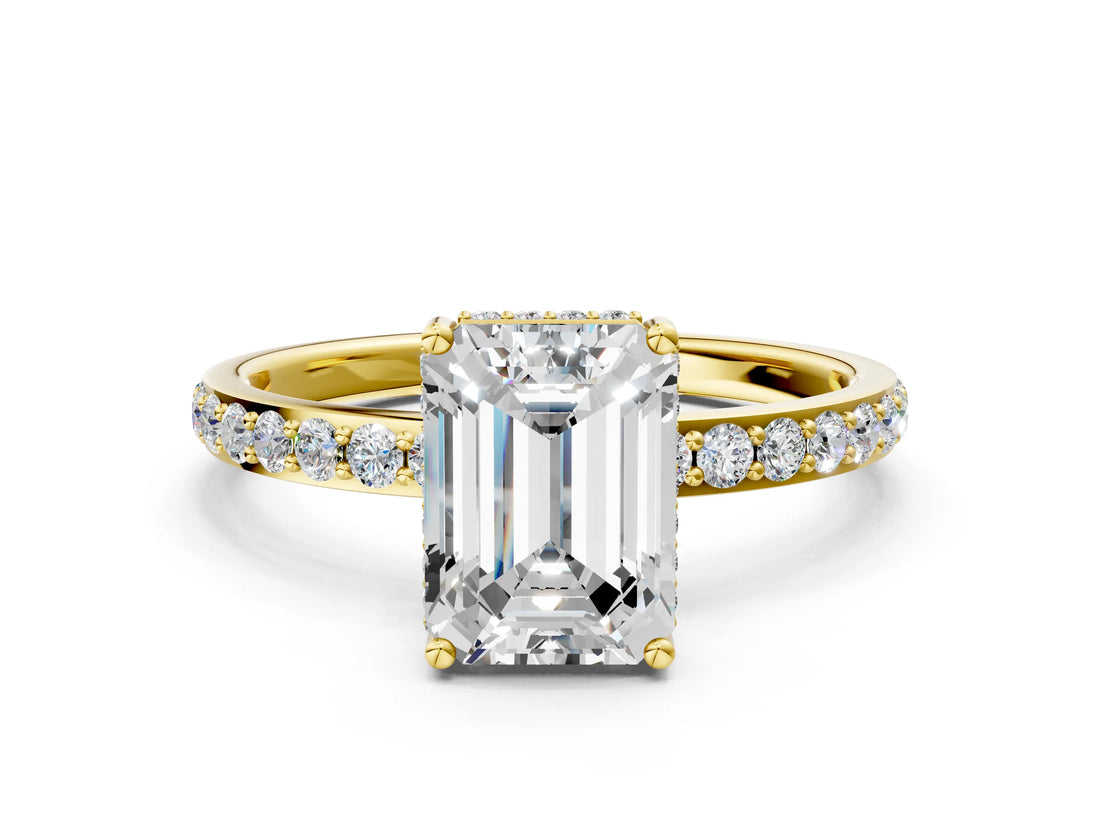 Yellow gold Emerald Cut Diamond Solitaire Ring with Pavé Band and Hidden Halo_26