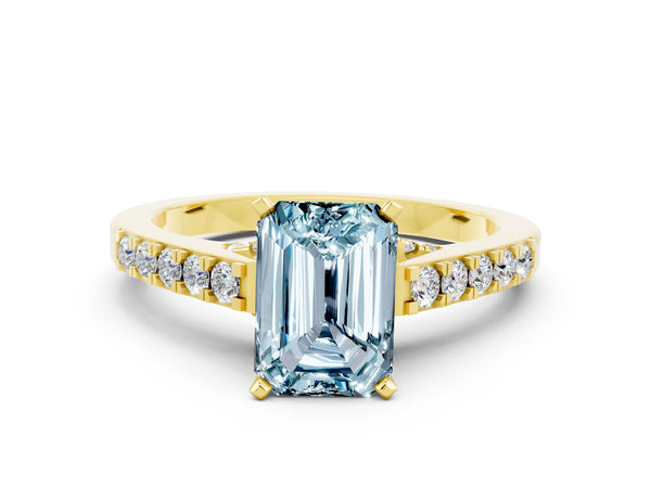 Yellow gold Emerald Cut Aquamarine Solitaire Ring with Crossover Gallery and Round  Pavé Band